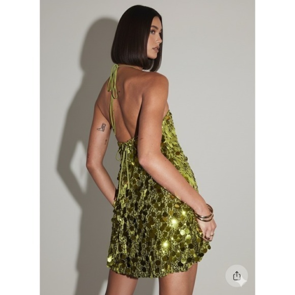 SOLD Princess Polly Fluorescent Green Sequin Halter Mini Dress Open Back Party 6 - Picture 2 of 8